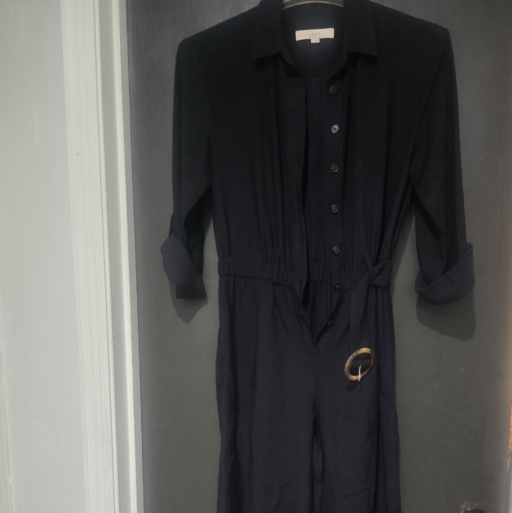LOFT Black Button-Up Jumpsuit With BELT
